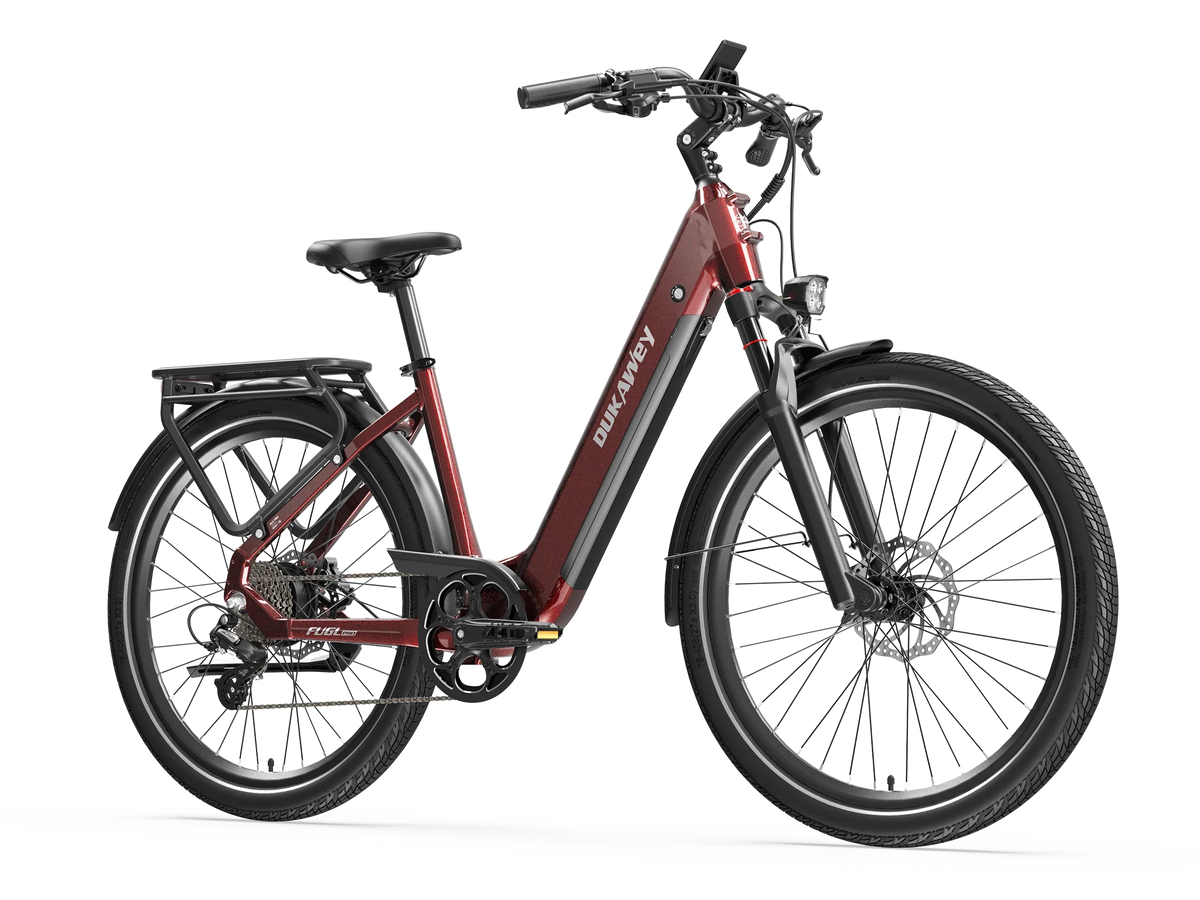 Red Dukawey FUGL Pro electric bike, front-side view