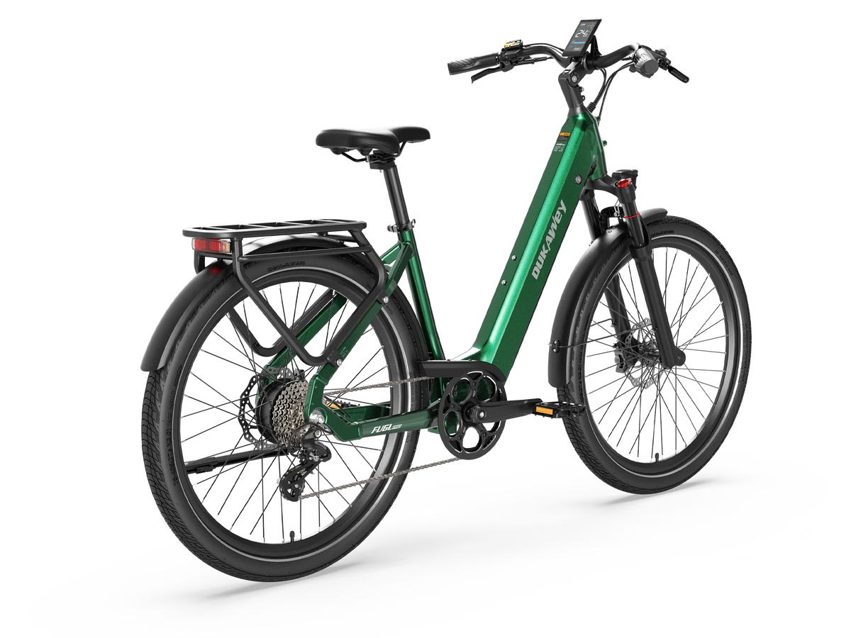 Green Dukawey FUGL Pro electric bike, rear-side view