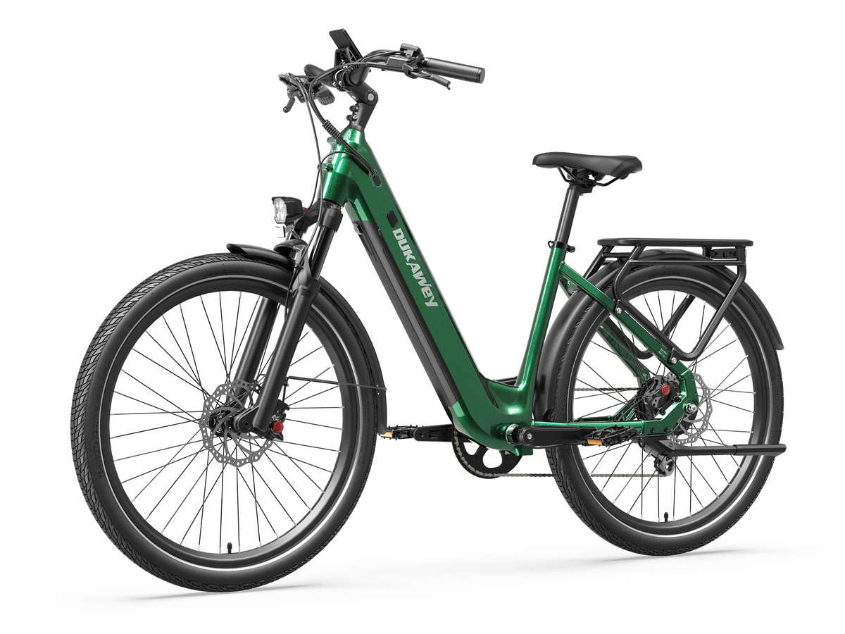 Green Dukawey FUGL Pro electric bike, front three-quarter view